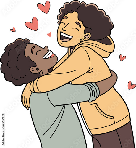 People hugging happily, white background