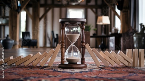 Hourglass surrounded by toppled dominoes in rustic interior setting