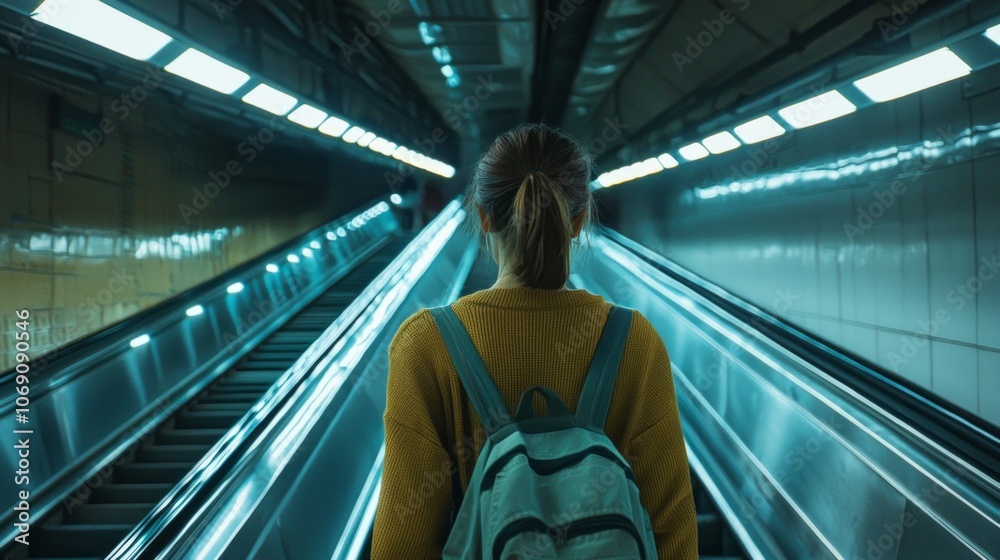bustling subway station young woman navigates escalator surrounded fellow commuters peak rush hour capturing urban vibe. bustling subway station young woman navigates escalator surrounded fellow commuters peak rush hour capturing urban vibe.