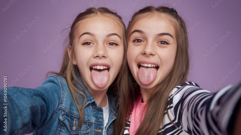Playful portrait of two young girls making funny faces in selfie