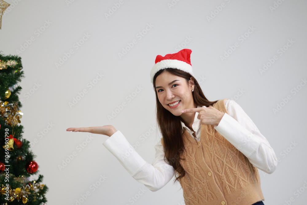 Smiling Woman Christmas Shopping with Gift Bags in Festive Holiday Atmosphere Smiling Woman Christmas Shopping with Gift Bags in Festive Holiday Atmosphere