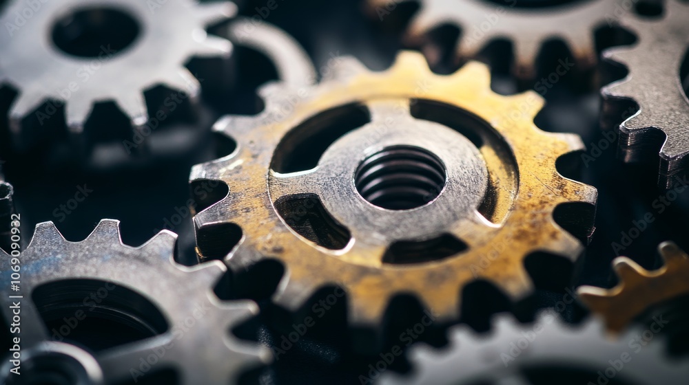 A close-up of various metallic gears, showcasing their intricate designs and mechanical purpose. A close-up of various metallic gears, showcasing their intricate designs and mechanical purpose.