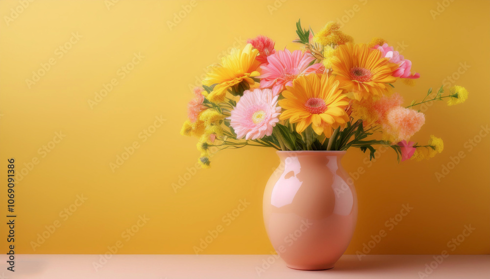Fresh flowers in a simple vase, isolated on a yellow pastel Fresh flowers in a simple vase, isolated on a yellow pastel