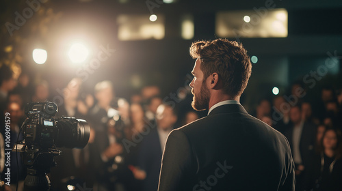 Celebrity at Night Event Surrounded by Media and Photographers photo