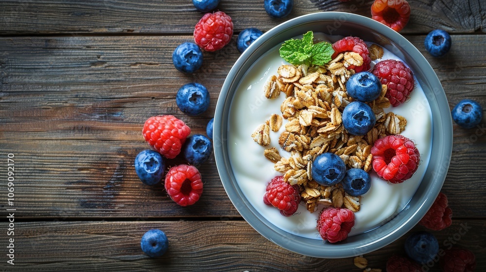 Healthy yogurt bowl topped with blueberries, raspberries, and granola on a rustic wooden surface. Fresh, colorful, and nutritious ingredients make for a perfect energizing breakfast or snack. Healthy yogurt bowl topped with blueberries, raspberries, and granola on a rustic wooden surface. Fresh, colorful, and nutritious ingredients make for a perfect energizing breakfast or snack.