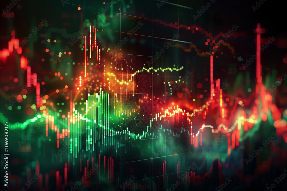 Fototapeta premium A visually compelling digital graphic of a stock market chart showcasing fluctuating red and green candlestick patterns with vibrant bokeh highlights