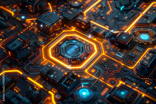 A highly detailed futuristic view of an illuminated circuit board with glowing orange and blue neon lights