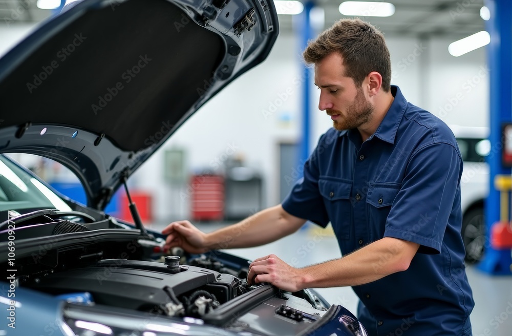 Mechanic inspecting car engine in professional auto repair shop Mechanic inspecting car engine in professional auto repair shop