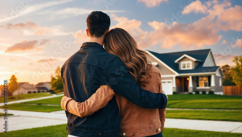 Couple standing together on a vibrant lawn, embracing and gazing at a stunning modern farmhouse at sunset