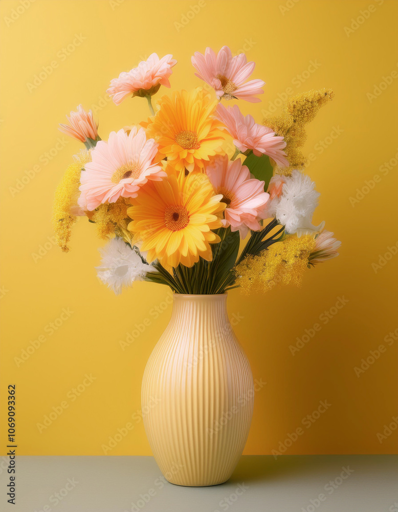 Fresh flowers in a simple vase, isolated on a yellow pastel Fresh flowers in a simple vase, isolated on a yellow pastel