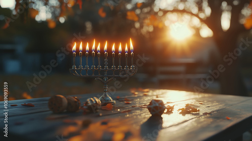 A classic Hanukkah scene with a fully lit menorah on a simple table, each candle casting a gentle light photo