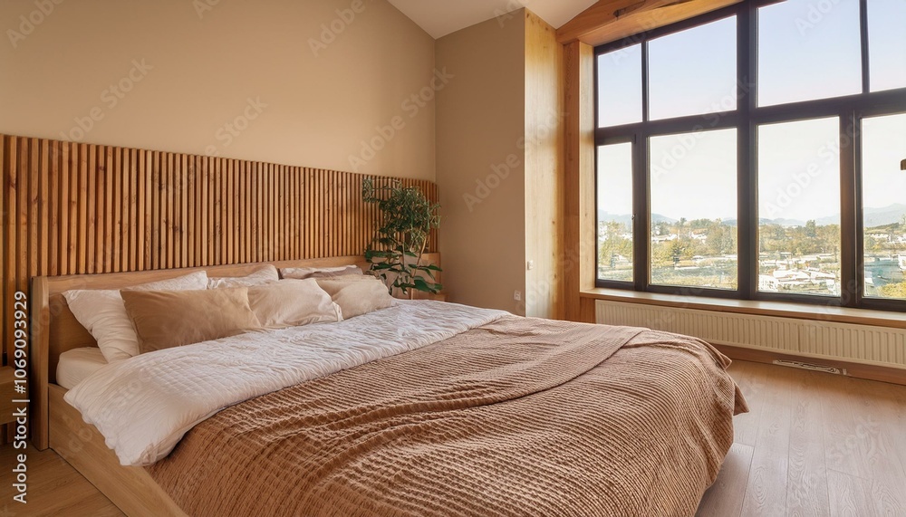 Wooden bedroom with bed and linens, beige walls and window with a city view Wooden bedroom with bed and linens, beige walls and window with a city view