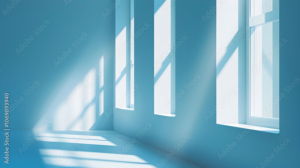 Fototapeta premium Empty Room with Sky Blue Wall and Sun Shadows for Product Presentation