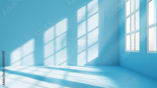 Window Shadows and Sunlight Streaming into a Blue-Walled Room 