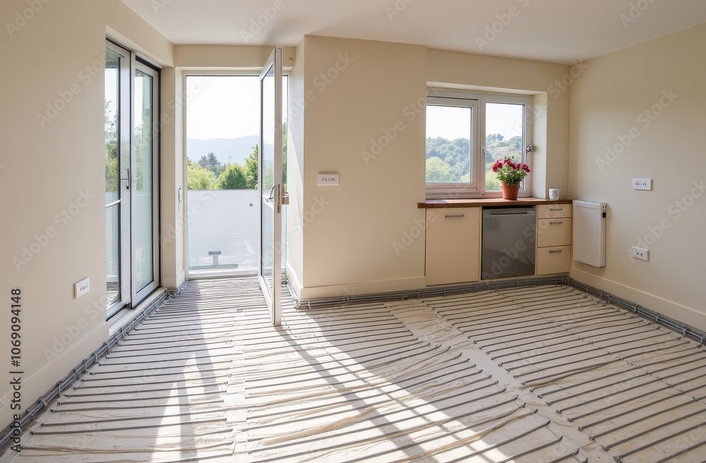 Obraz premium Modern room with radiant floor heating system, empty interior