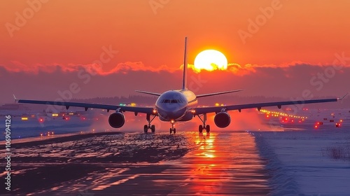 An airplane taking off at sunset, illuminating the runway with vibrant colors.