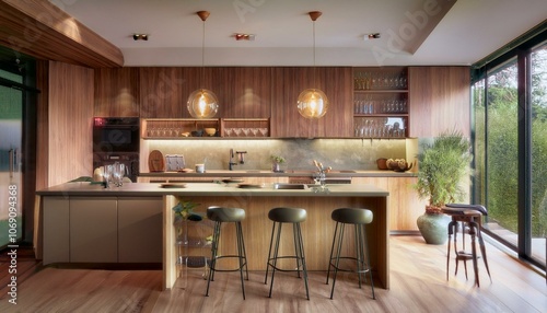 Wooden home kitchen interior with bar counter and cooking cabinet