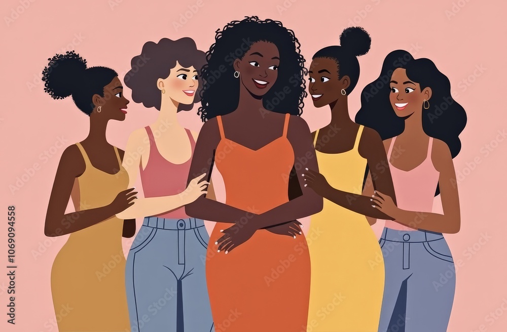Illustrated diverse women standing together in unity
