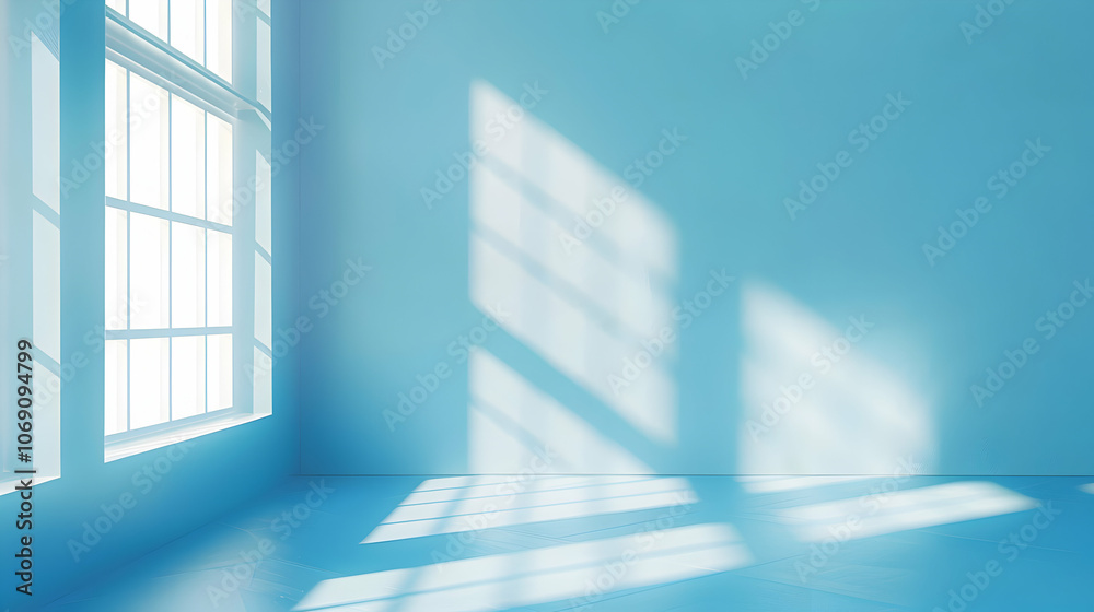 Obraz premium Contemporary Minimalist Room with Blue Abstract Design and Sunlight Effects 