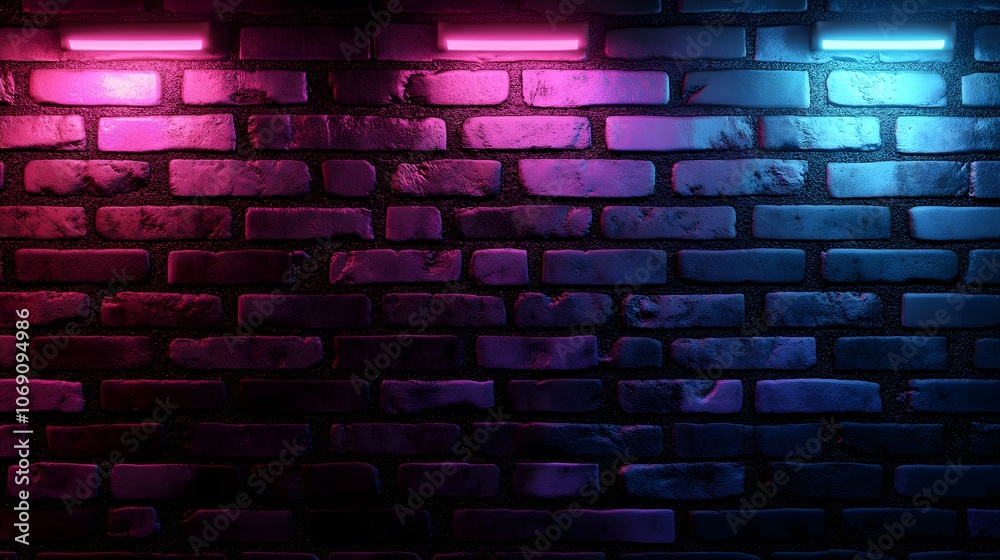 A dramatic black brick wall illuminated by neon lights in pink, purple, and blue, providing a vivid, glowing effect against the dark texture A dramatic black brick wall illuminated by neon lights in pink, purple, and blue, providing a vivid, glowing effect against the dark texture