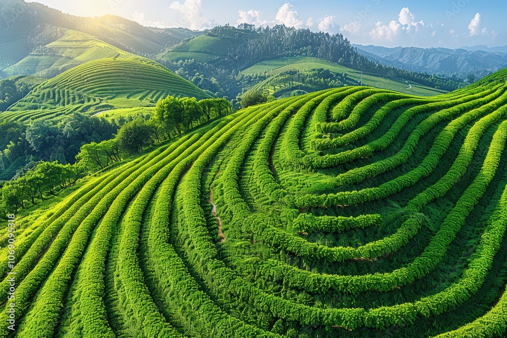 Lush green terraced fields stretch across rolling hills under a bright sky, precise contours tea plantations create striking pattern, by soft sunlight. Peaceful, vibrant natural landscape. Lush green terraced fields stretch across rolling hills under a bright sky, precise contours tea plantations create striking pattern, by soft sunlight. Peaceful, vibrant natural landscape.