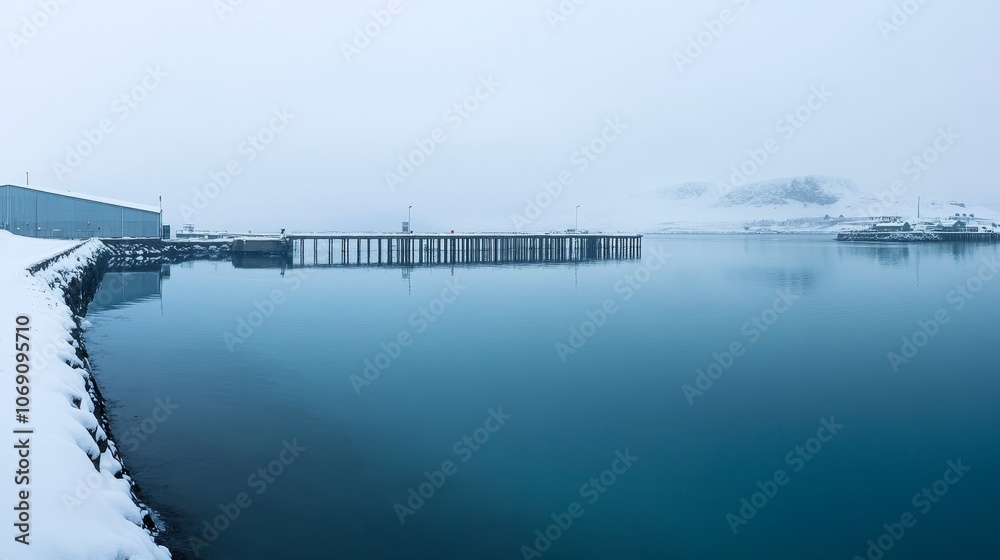Obraz premium A serene winter scene featuring a calm harbor with a wooden pier and snow-covered surroundings.