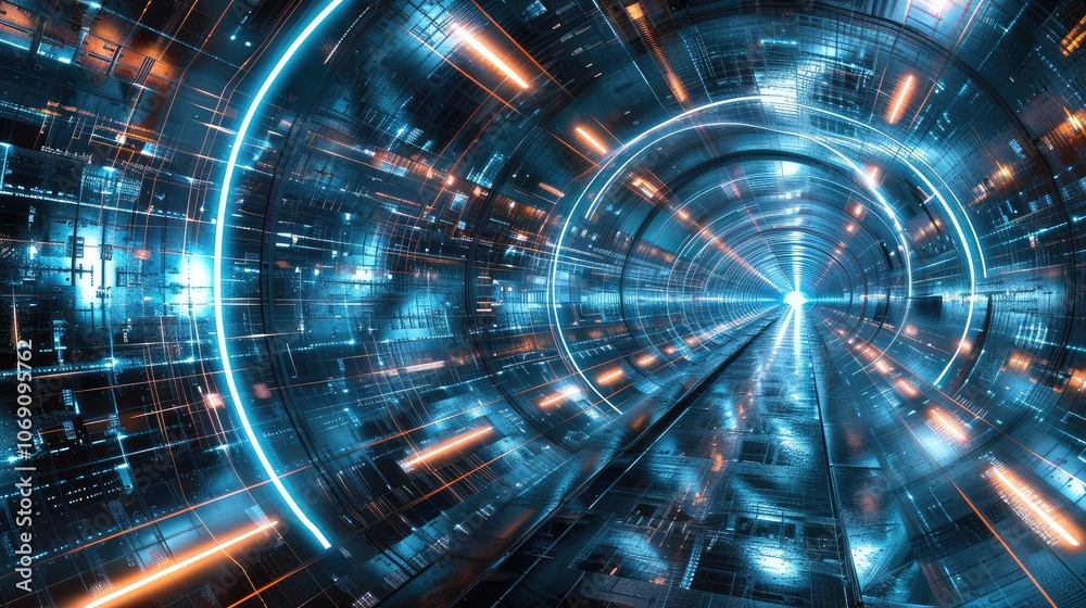Futuristic Neon Tunnel With Digital Effects Futuristic Neon Tunnel With Digital Effects