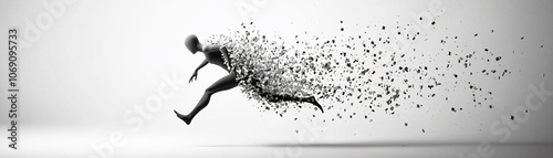 dynamic figure appears to be disintegrating while running, symbolizing motion and transformation