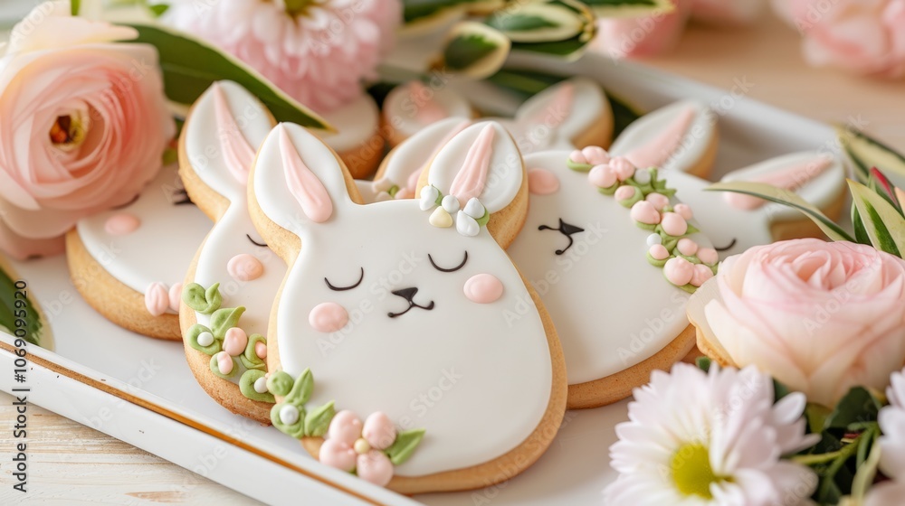 Adorable bunny-shaped cookies with intricate white icing details, arranged beautifully for a spring or Easter celebration. Adorable bunny-shaped cookies with intricate white icing details, arranged beautifully for a spring or Easter celebration.