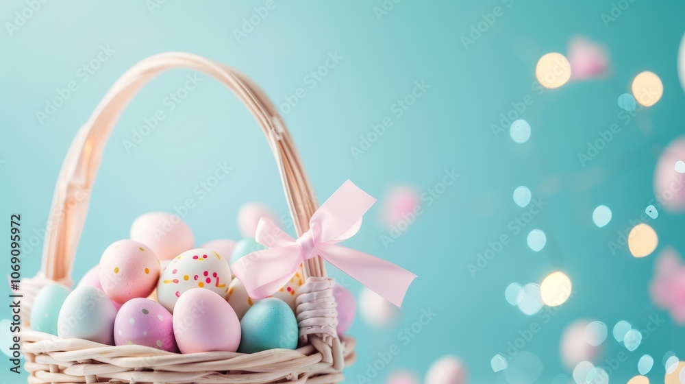 A wicker basket filled with pastel-colored Easter eggs, adorned with a pink bow, placed against a light blue background with soft bokeh lights. It creates a cheerful and festive Easter scene. A wicker basket filled with pastel-colored Easter eggs, adorned with a pink bow, placed against a light blue background with soft bokeh lights. It creates a cheerful and festive Easter scene.