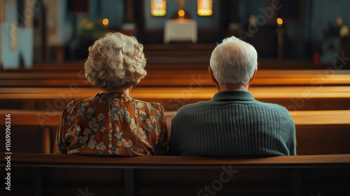 Elderly couple sitting in church, enjoying peaceful moment together