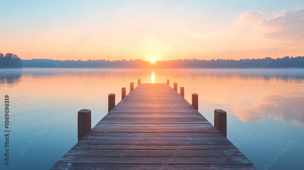 A serene wooden pier extending into a calm lake at sunrise, reflecting soft colors in the water. A serene wooden pier extending into a calm lake at sunrise, reflecting soft colors in the water.