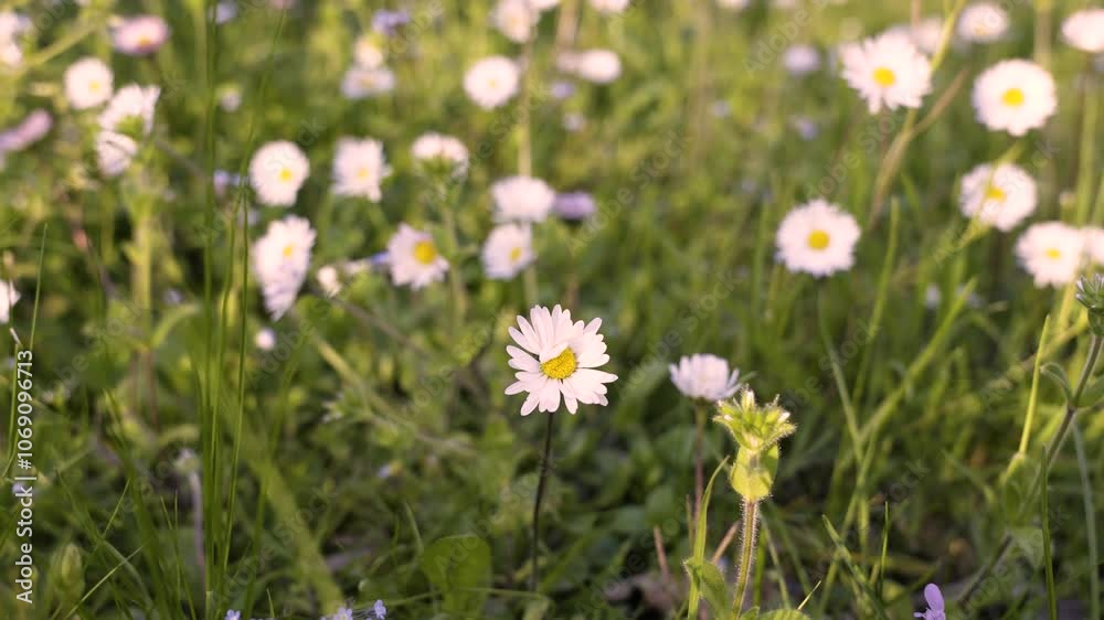delicate and tender white field flower isolated among the grass, flickers in the gentle breeze delicate and tender white field flower isolated among the grass, flickers in the gentle breeze