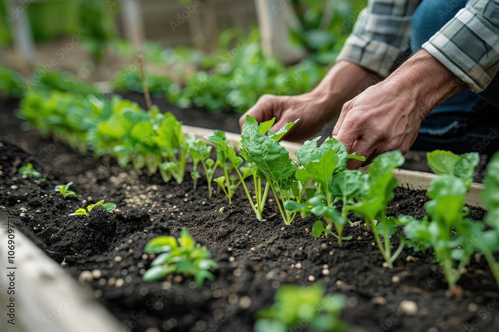 A gardener tends to young seedlings in a wooden planter during a sunny afternoon, nurturing new growth in a lush outdoor garden filled with greenery A gardener tends to young seedlings in a wooden planter during a sunny afternoon, nurturing new growth in a lush outdoor garden filled with greenery