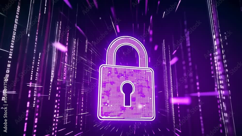 A glowing padlock amidst falling purple data streams, showcasing digital security. Digital age cybersecurity, anonymity themes resonate here, depicted under purple hues and soft glow effects. A glowing padlock amidst falling purple data streams, showcasing digital security. Digital age cybersecurity, anonymity themes resonate here, depicted under purple hues and soft glow effects.