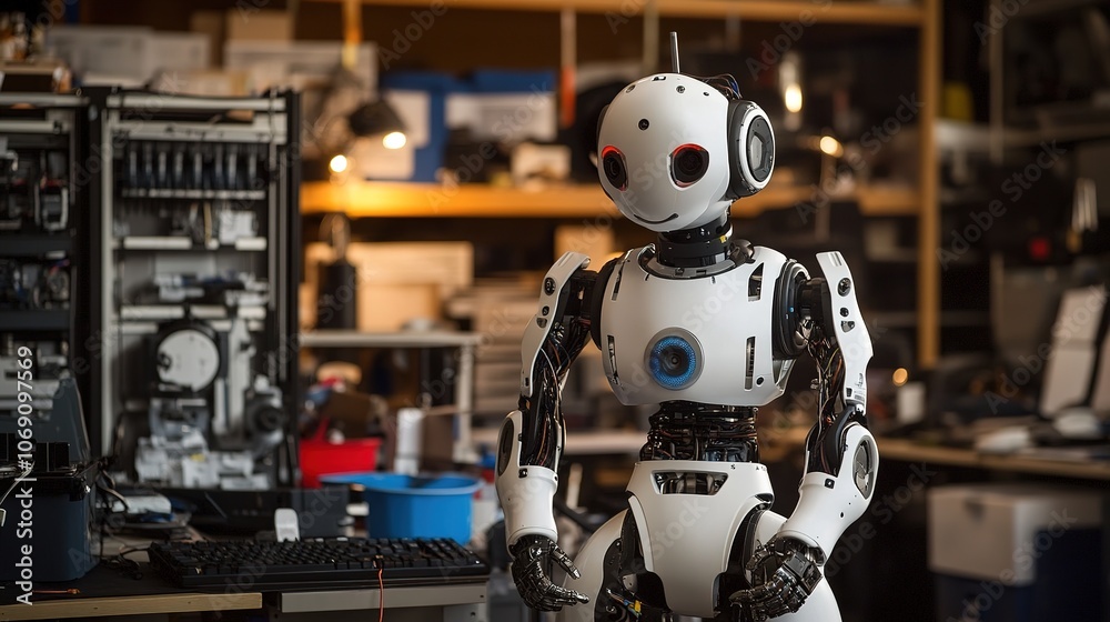 A robotics lab where engineers develop and test cutting-edge robots, surrounded by tools, models, and data. A robotics lab where engineers develop and test cutting-edge robots, surrounded by tools, models, and data.