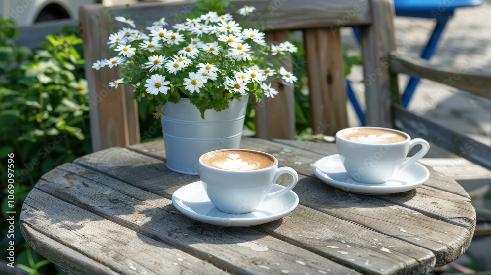 Two cup coffee with intricate latte art on rustic wooden table outdoors. Potted white daisy flowers in metallic container add fresh touch cozy outdoor seating area, morning light casting soft shadows. Two cup coffee with intricate latte art on rustic wooden table outdoors. Potted white daisy flowers in metallic container add fresh touch cozy outdoor seating area, morning light casting soft shadows.