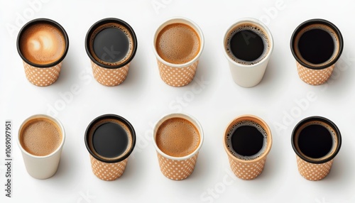 Coffee Time Collection of Cardboard Takeaway Cups with Black Coffee on White, Top View