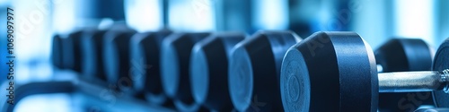Row of dumbbells in gym, blue tone, selective focus