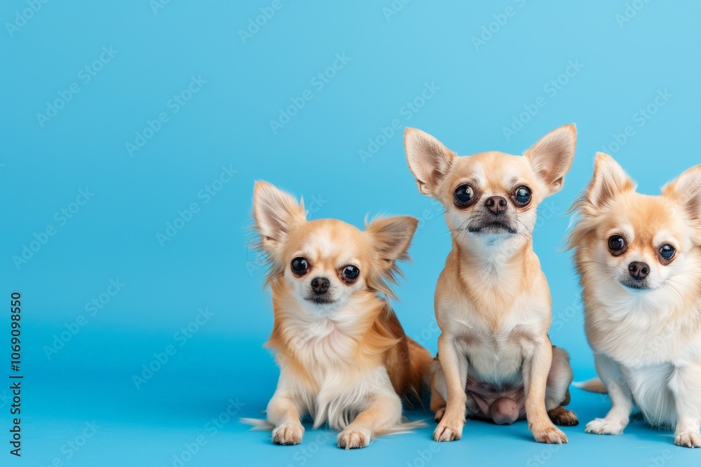 Three adorable Chihuahua dogs sit on a bright blue background, their curious expressions and cute demeanor creating a playful and fun portrait. Three adorable Chihuahua dogs sit on a bright blue background, their curious expressions and cute demeanor creating a playful and fun portrait.
