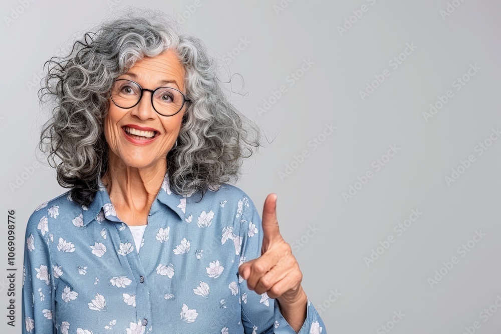 A joyful older woman with short grey hair and glasses pointing while smiling brightly outdoors, wearing a blue shirt in a city setting. A joyful older woman with short grey hair and glasses pointing while smiling brightly outdoors, wearing a blue shirt in a city setting.