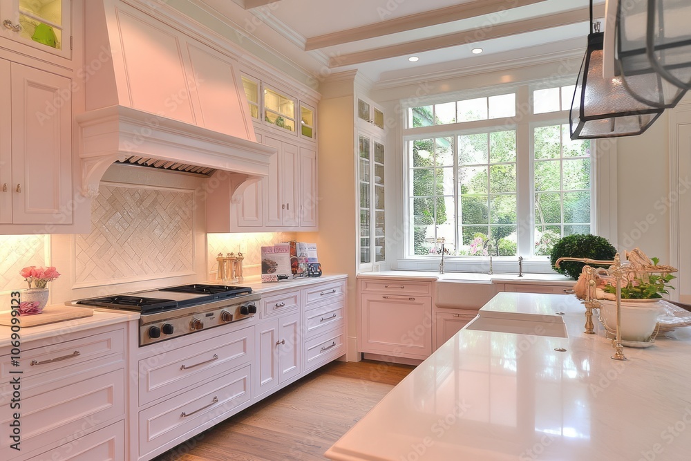 Modern White Kitchen with Stainless Steel Appliances and a View Modern White Kitchen with Stainless Steel Appliances and a View