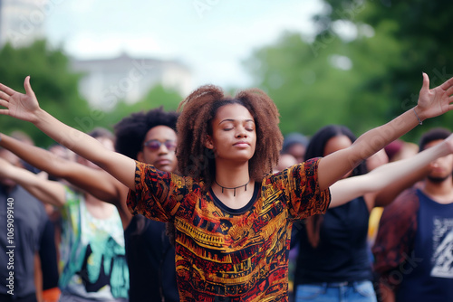 Young woman with curly hair and colorful shirt, standing with her arms wide open in a peaceful demonstration, surrounded by diverse individuals. photo