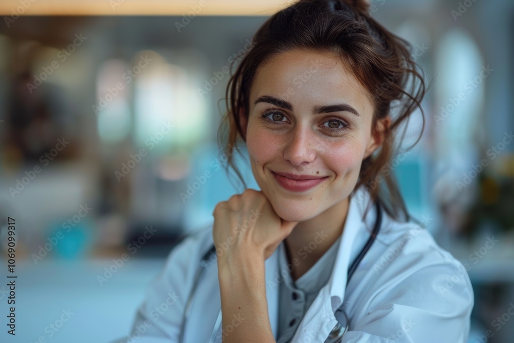 Smiling female doctor in clinic healthcare worker in white coat. Smiling female doctor in clinic healthcare worker in white coat.