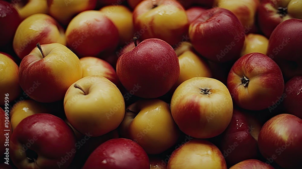 Lots of red-yellow ripe and fresh apples close-up, top view. Natural background. Food ecology and agriculture. Illustration for banner, poster, cover, brochure or present Lots of red-yellow ripe and fresh apples close-up, top view. Natural background. Food ecology and agriculture. Illustration for banner, poster, cover, brochure or present
