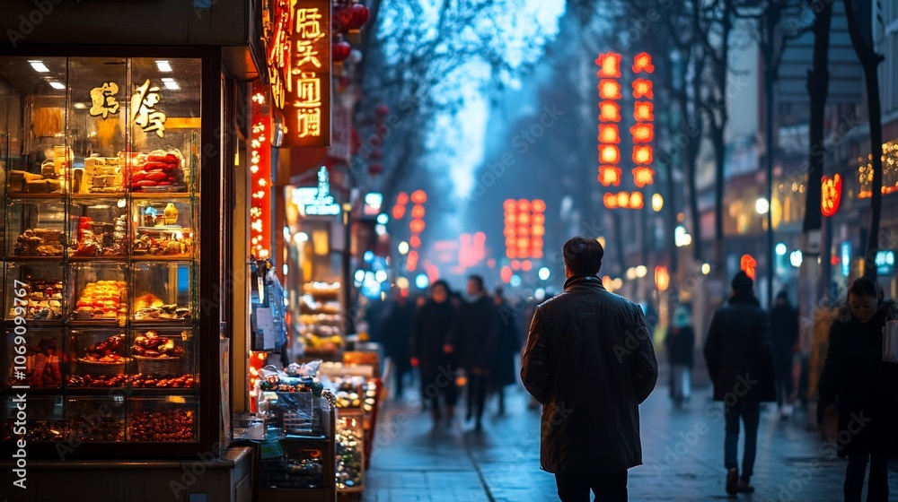 A man walks down a bustling street in a Chinese city, the red lanterns and street lights glowing in the evening mist. A man walks down a bustling street in a Chinese city, the red lanterns and street lights glowing in the evening mist.