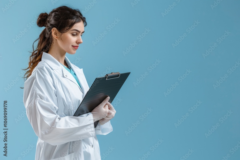 Female doctor in white gown holding clipboard in hospital. Female doctor in white gown holding clipboard in hospital.
