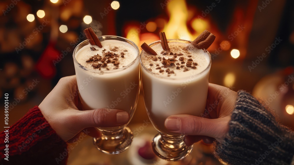 Toasting Eggnog by the Fireplace in Cozy Atmosphere Toasting Eggnog by the Fireplace in Cozy Atmosphere