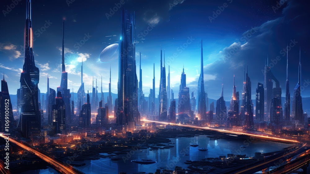 Fototapeta premium Illuminated Futuristic Metropolis at Night