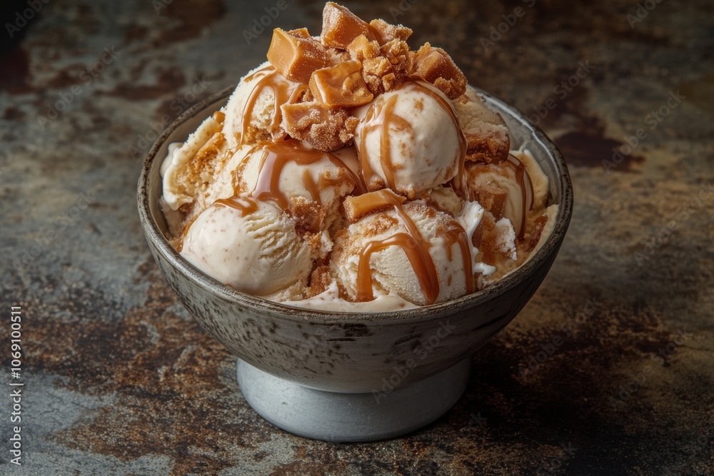 A decadent caramel swirl ice cream with chunks of caramel and a caramel drizzle on top. A decadent caramel swirl ice cream with chunks of caramel and a caramel drizzle on top.